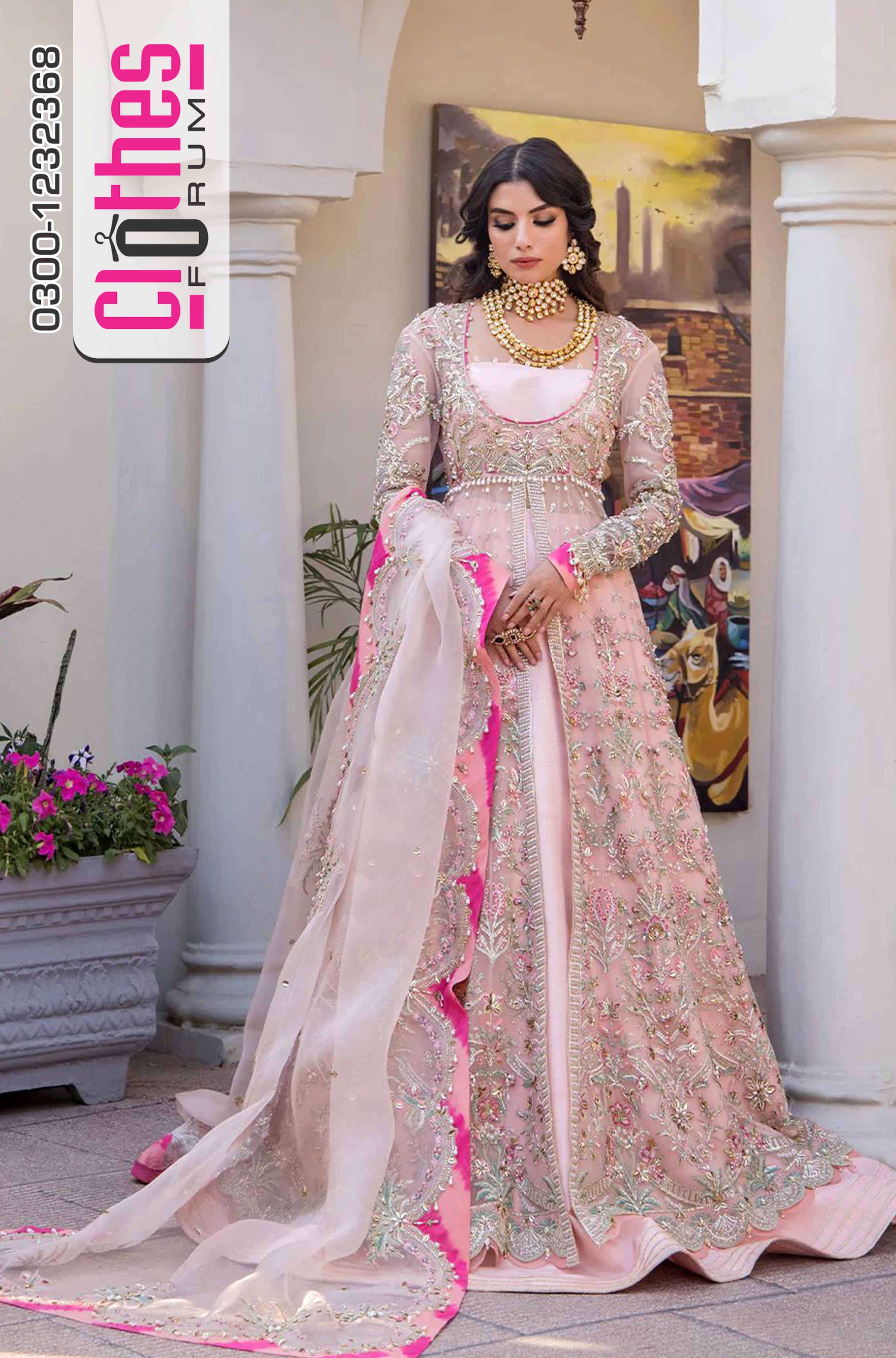 Fozia Khalid Pink Wedding Maxi – Hand-Embellished Bridal Pishwas with Dupatta