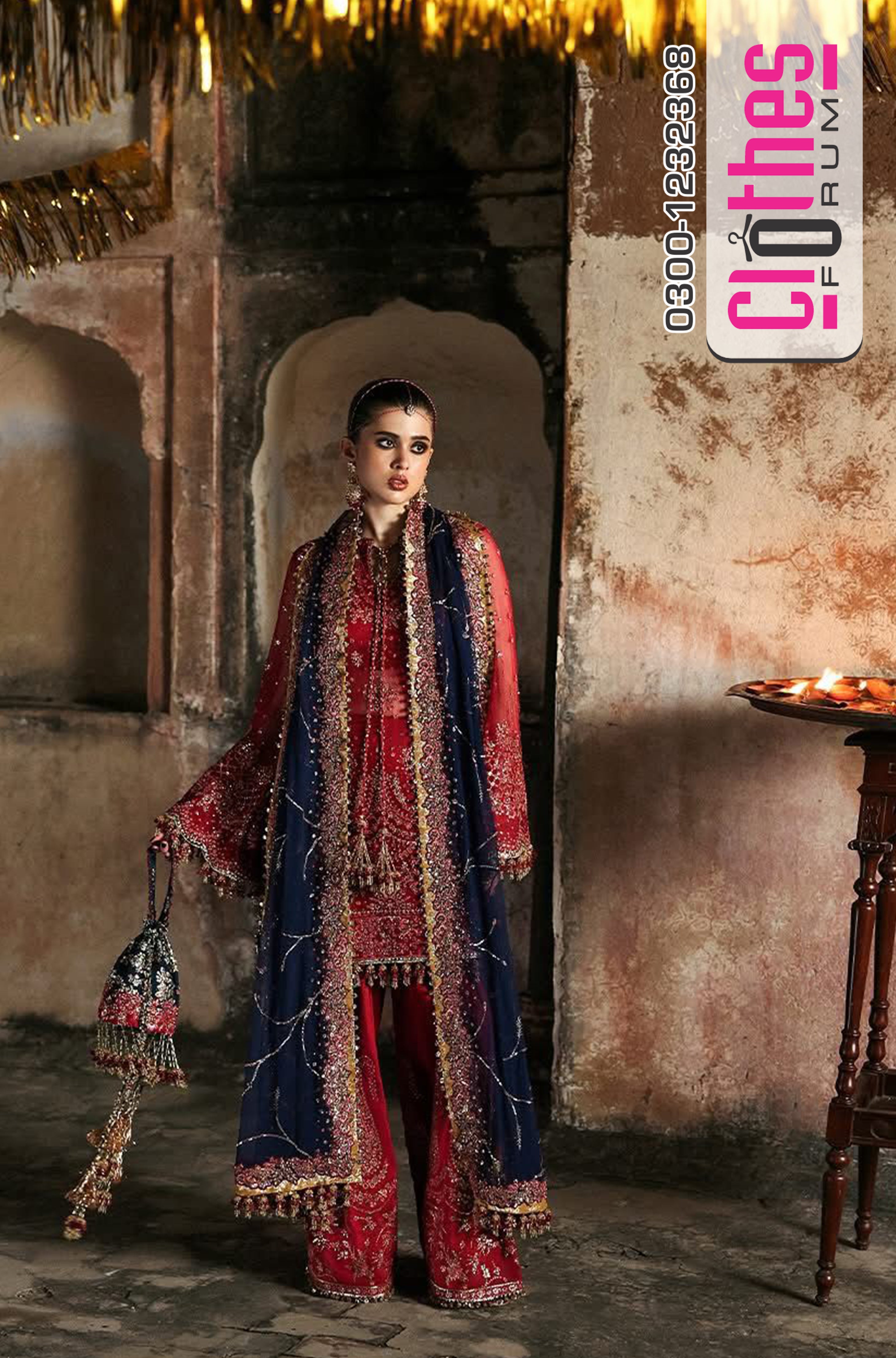 Hussain Rehar Cherry Red Chiffon Wedding Dress – Hand-Embroidered Luxury Outfit for Festive Elegance