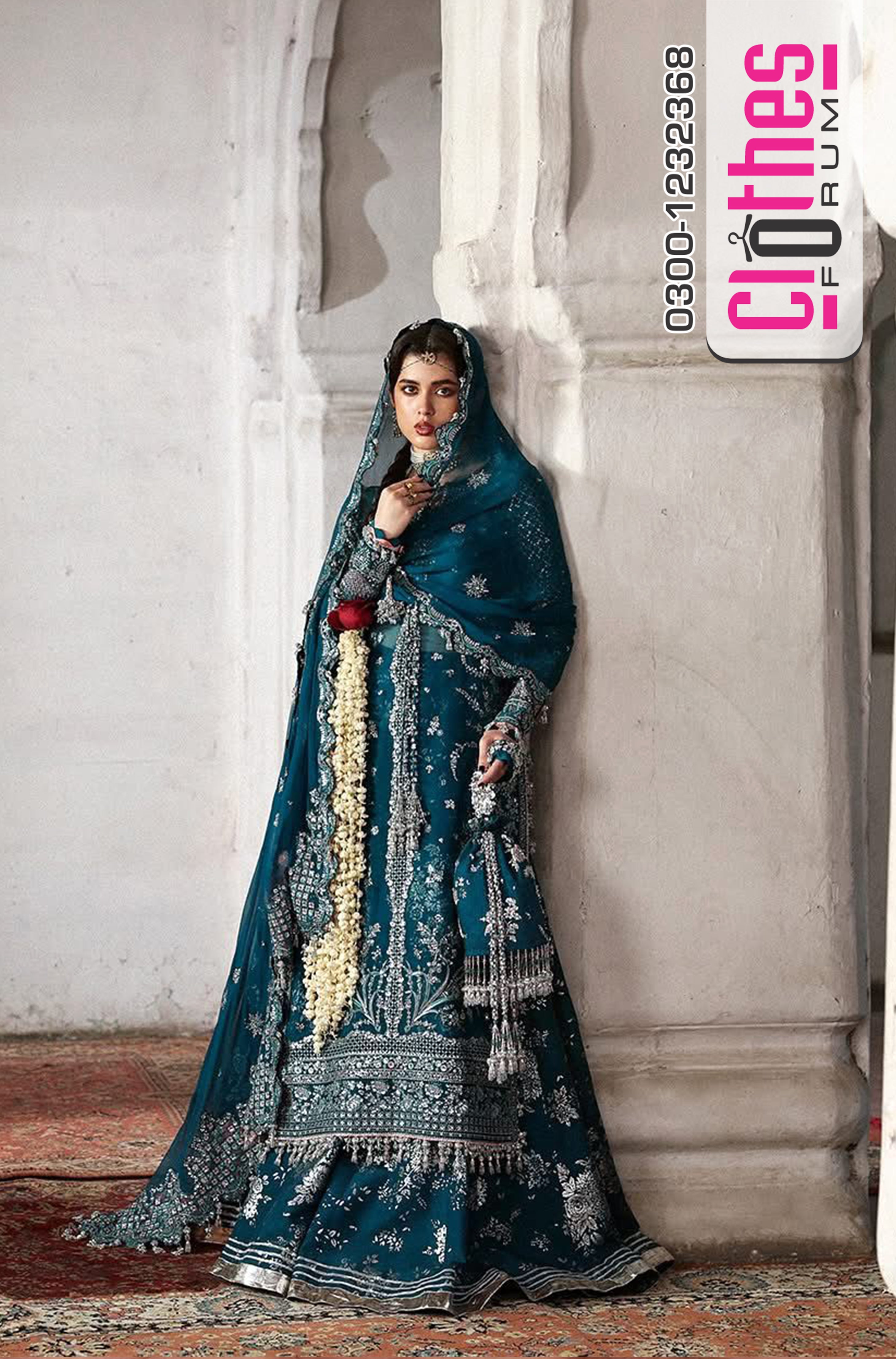 Hussain Rehar Teal Green Organza Ensemble | Festive Sharara Set by Clothes Forum
