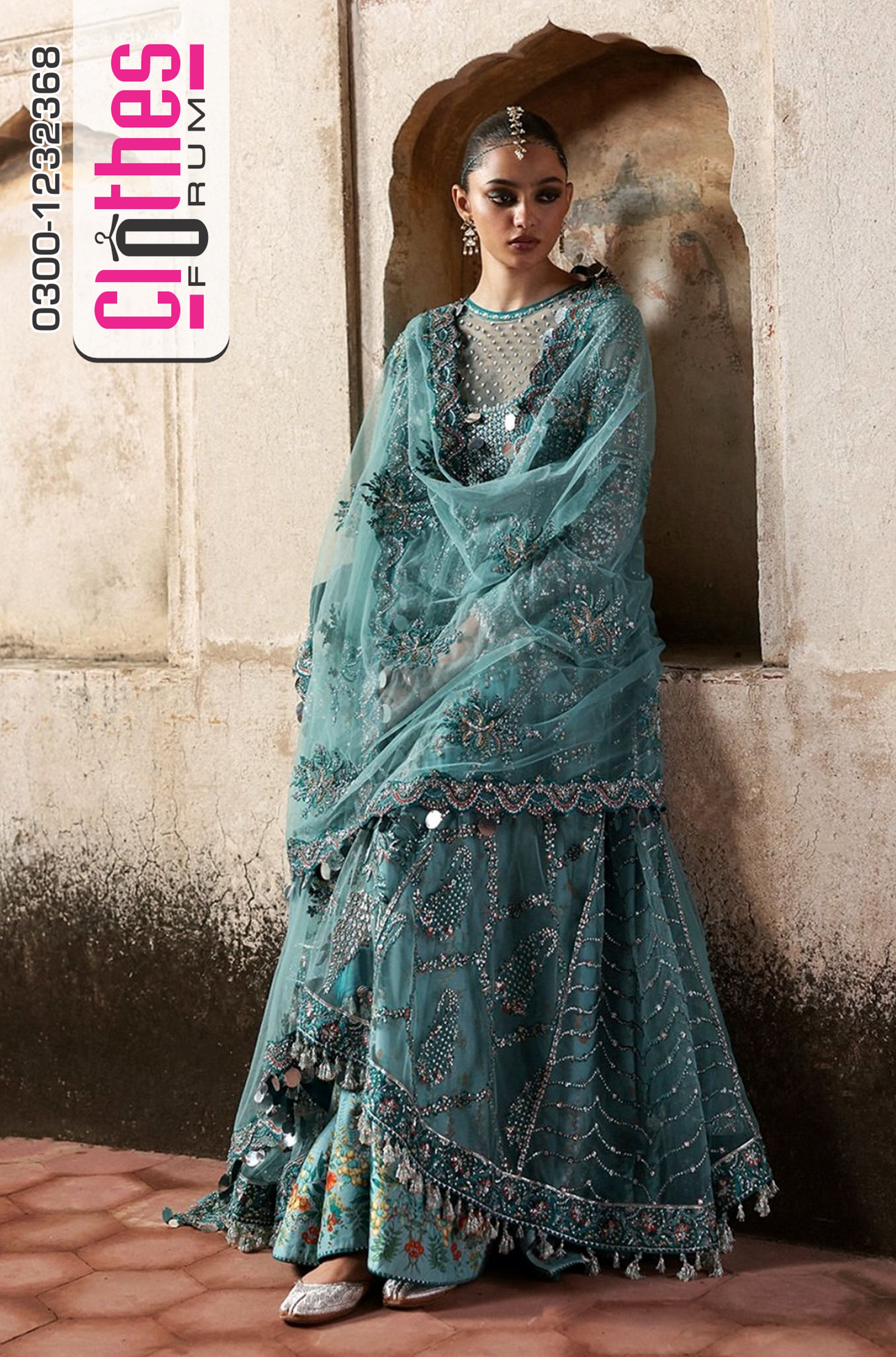 Hussain Rehar Ice Blue 16-Panel Net Pishwas | Luxury Festive Wedding Wear by Clothes Forum