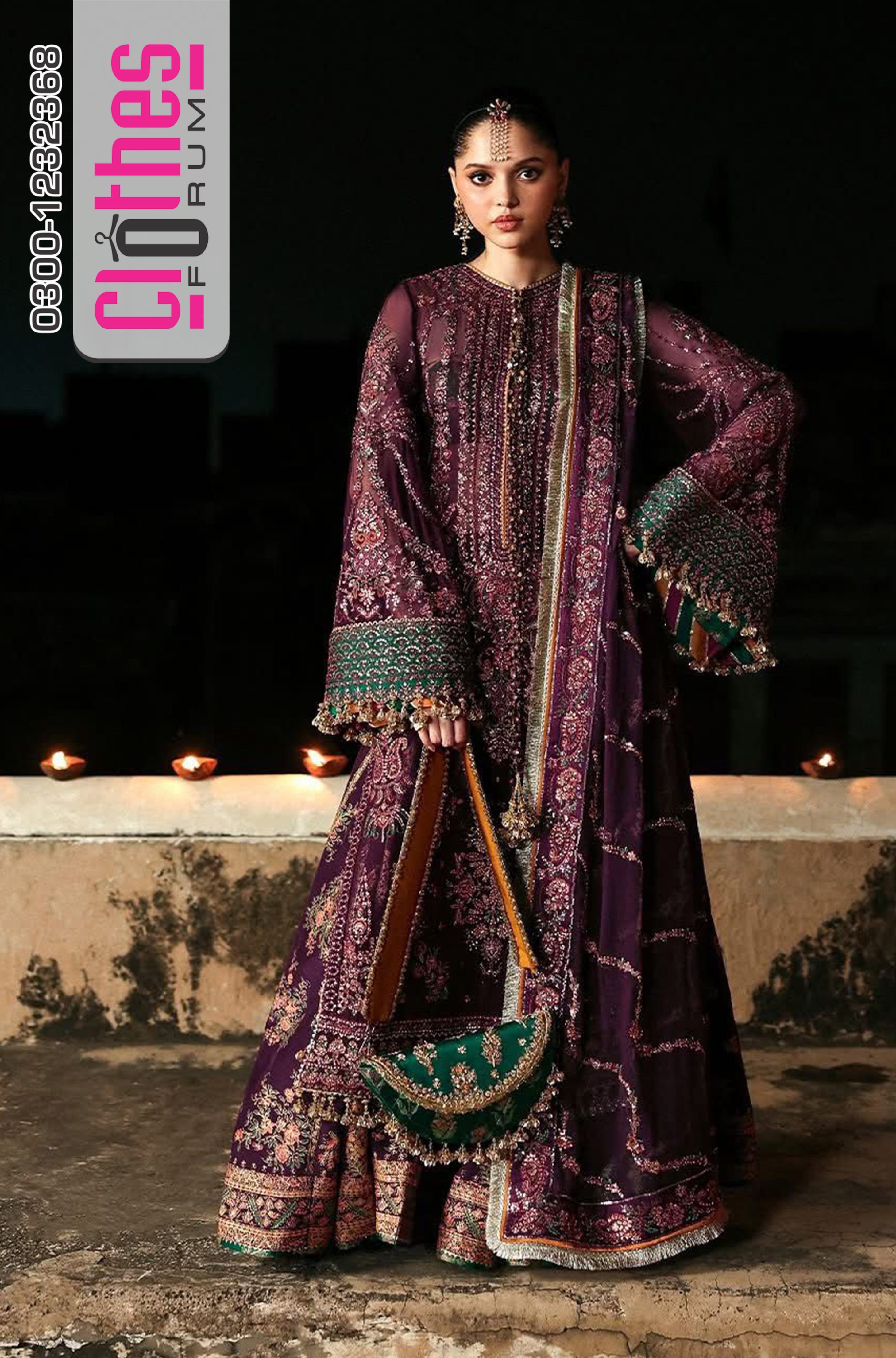 Hussain Rehar Plum Chiffon Wedding Dress | Embroidered Formal Ensemble