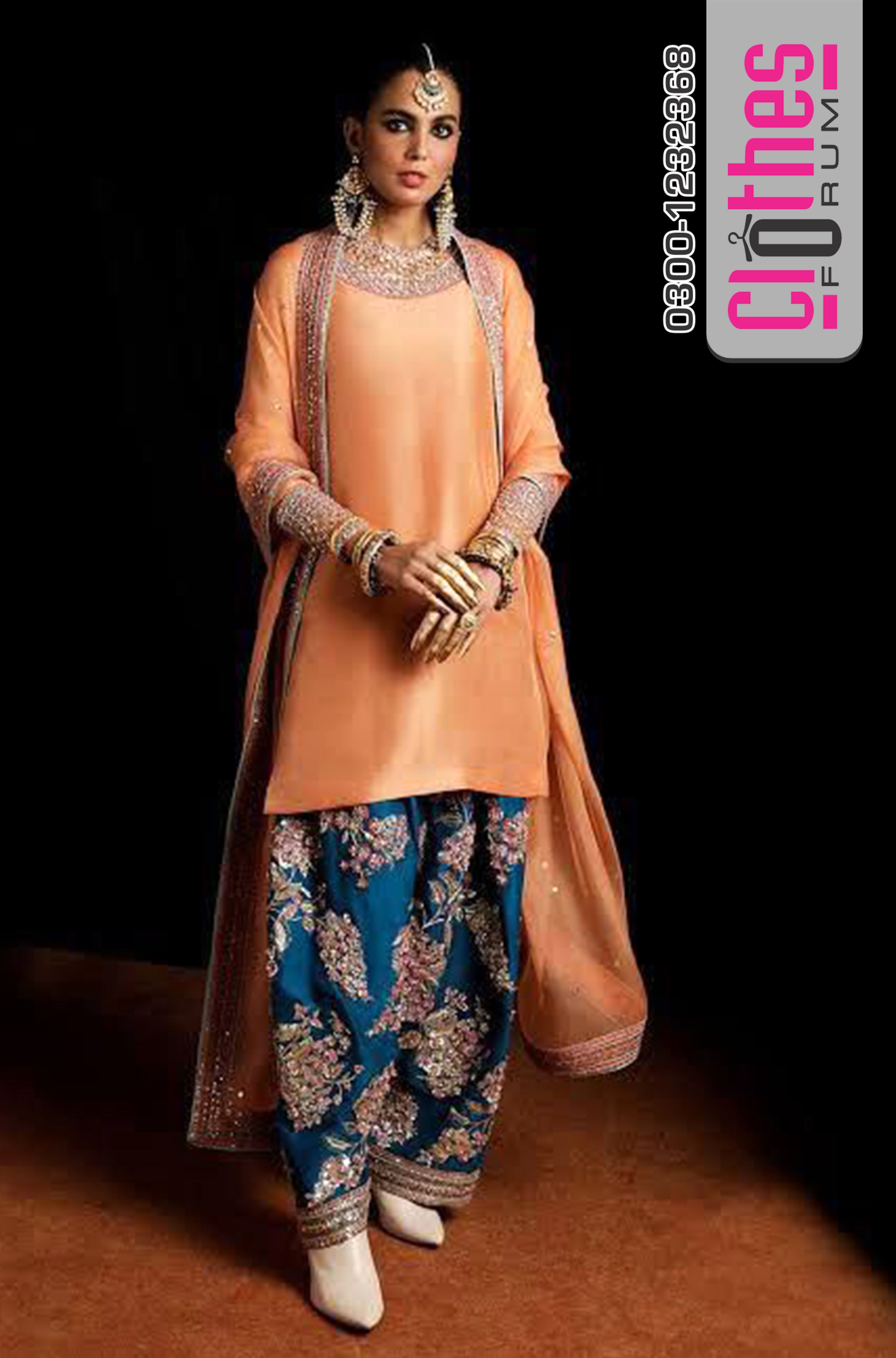Hussain Rehar Peach & Blue Raw Silk Ensemble – Hand Embellished Luxury Wedding Edition