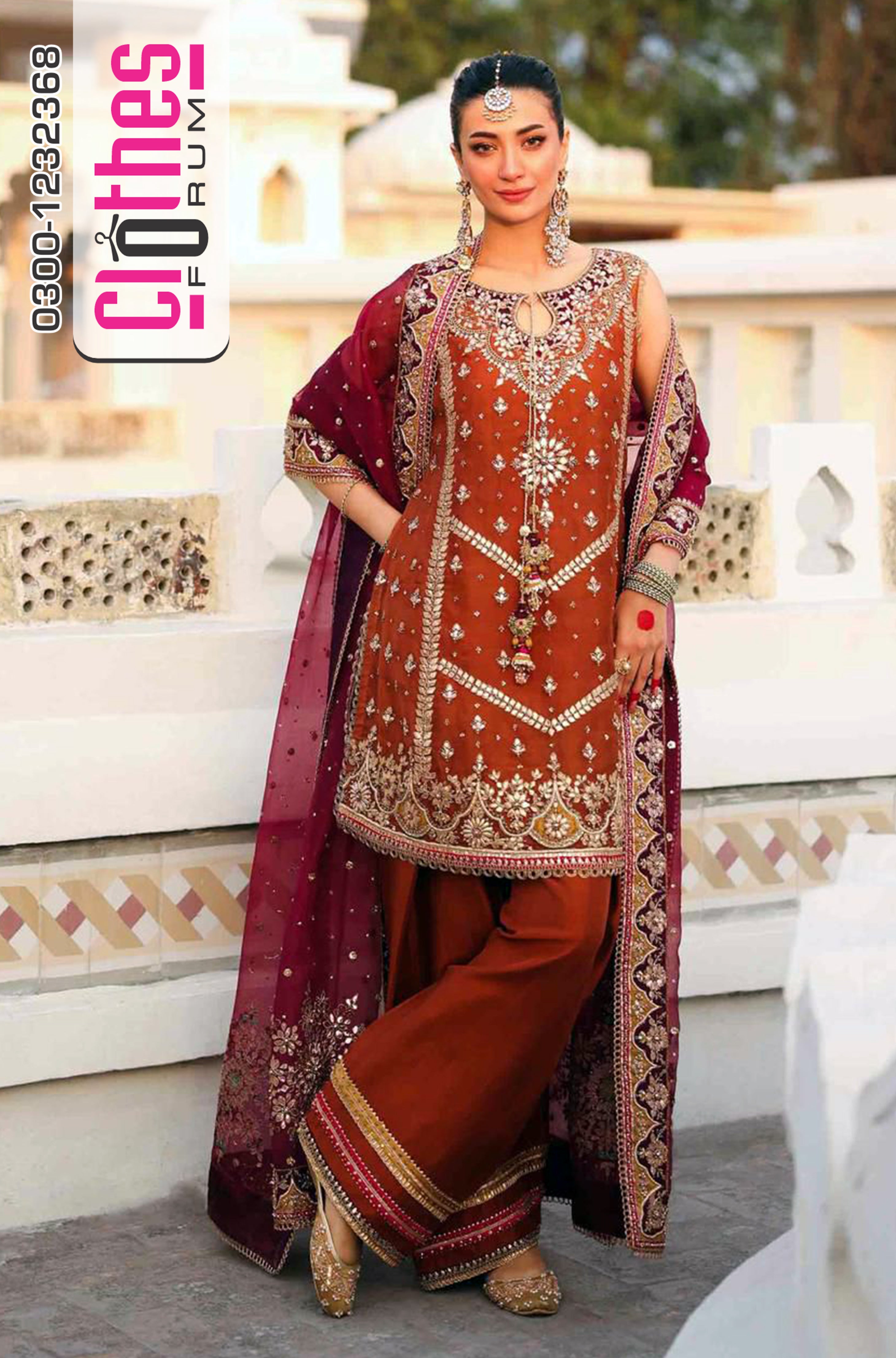 Maria B Rust Wedding Wear Organza Suit – Classic Gotta & Sequin Embellished Elegance