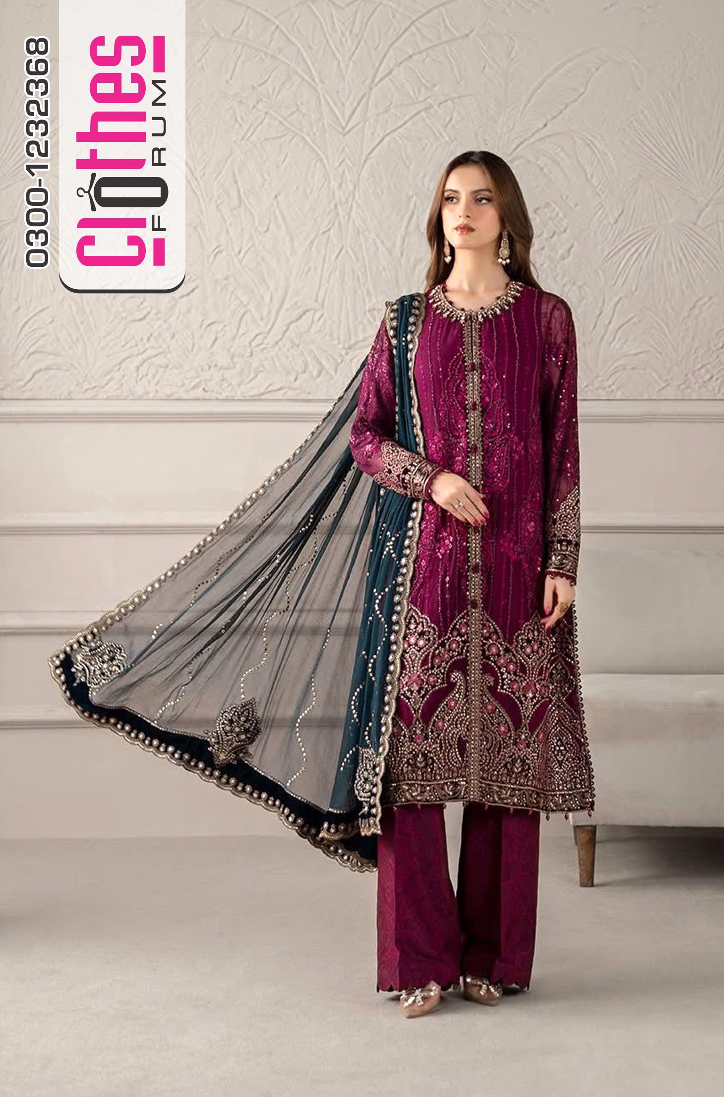 Maria B Wedding Edition – Shocking Pink Chiffon Bridal Dress | Luxury Embroidered 3-Piece Outfit