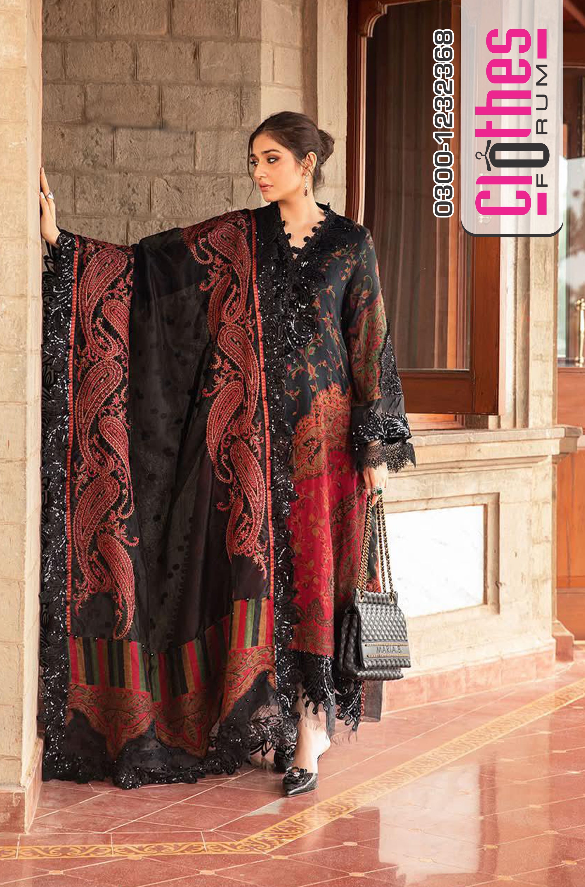 Luxurious Black & Multi Khaddar Wool Winter Ensemble by Maria B