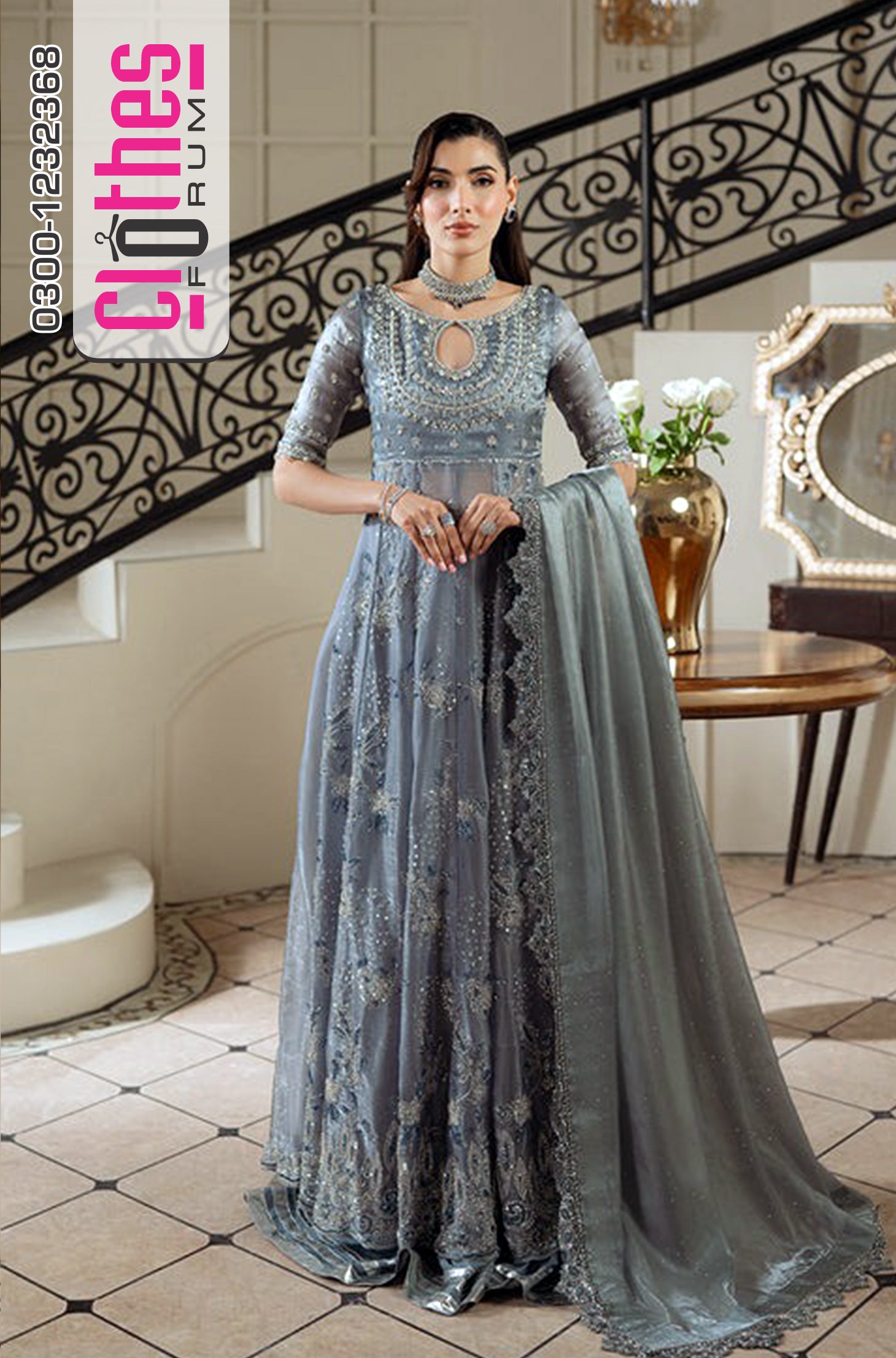 Zaira Grey Blue Wedding Edition Organza Silk Ensemble – Hand Embellished Luxury Outfit