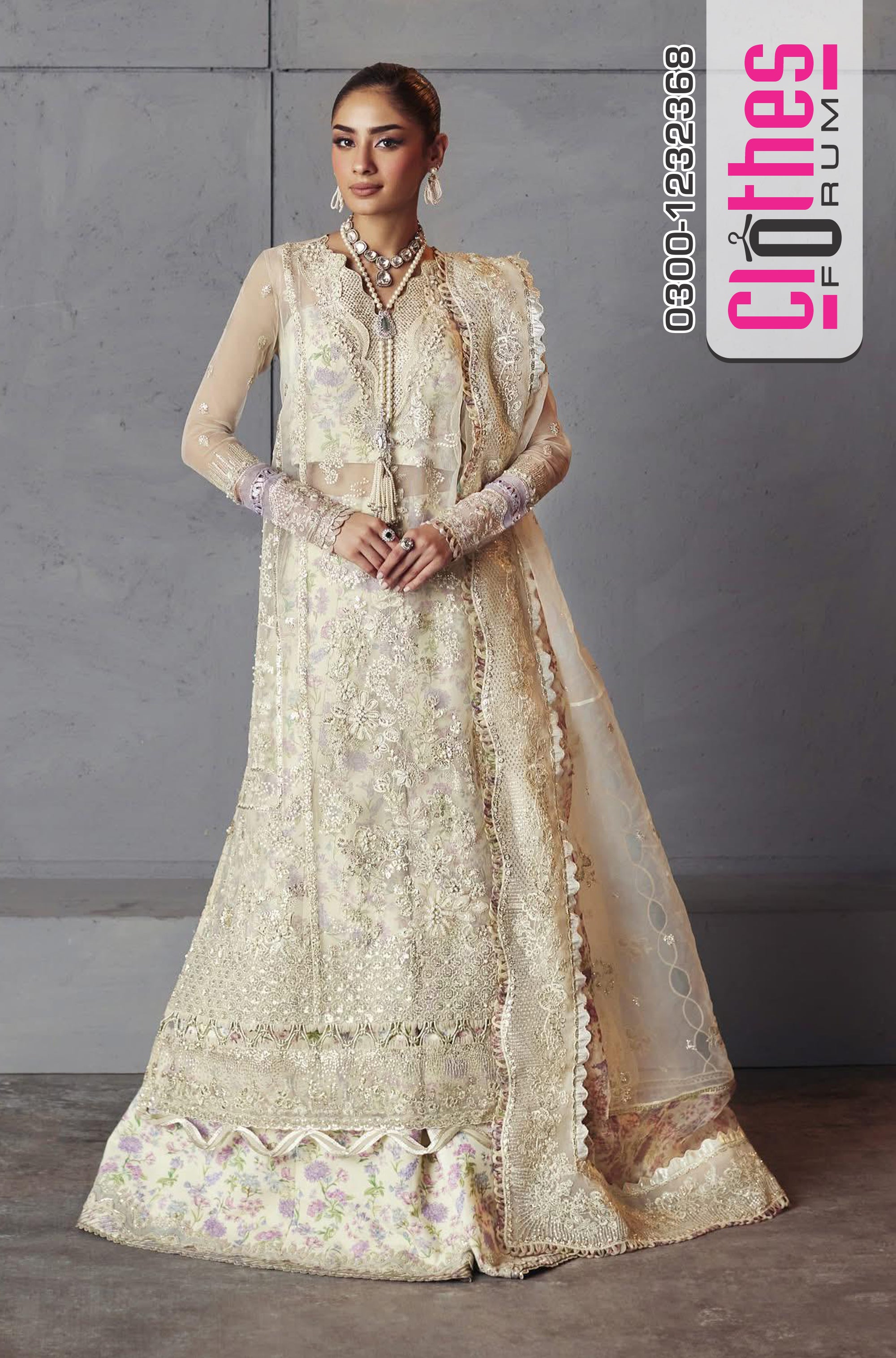 Republic Womenswear White Embroidered Net Wedding Ensemble