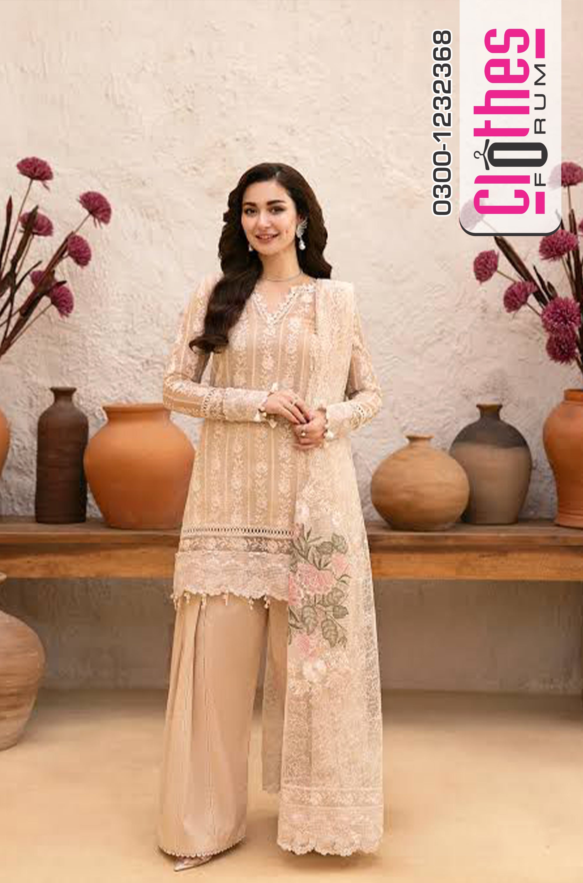 Saira Rizwan Luxury Lawn 2025 | Madonna Elegance in Soft Beige Embroidery