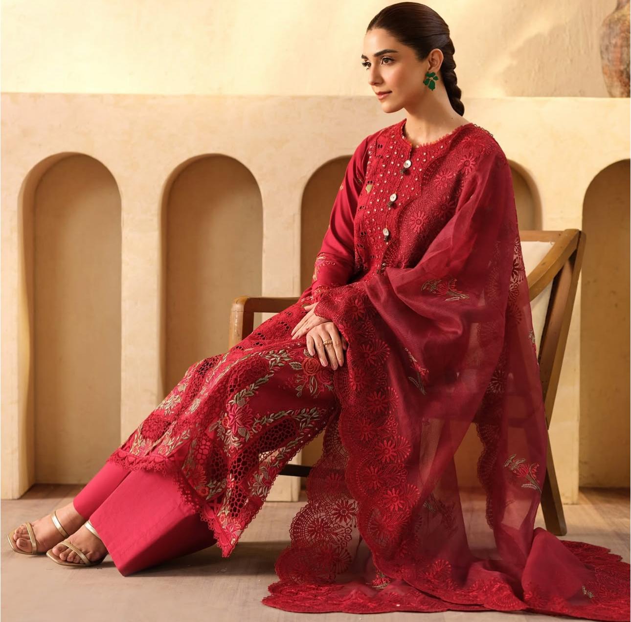 Maryam Hussain – Crimson Blossom | Luxury Lawn 2025 Collection