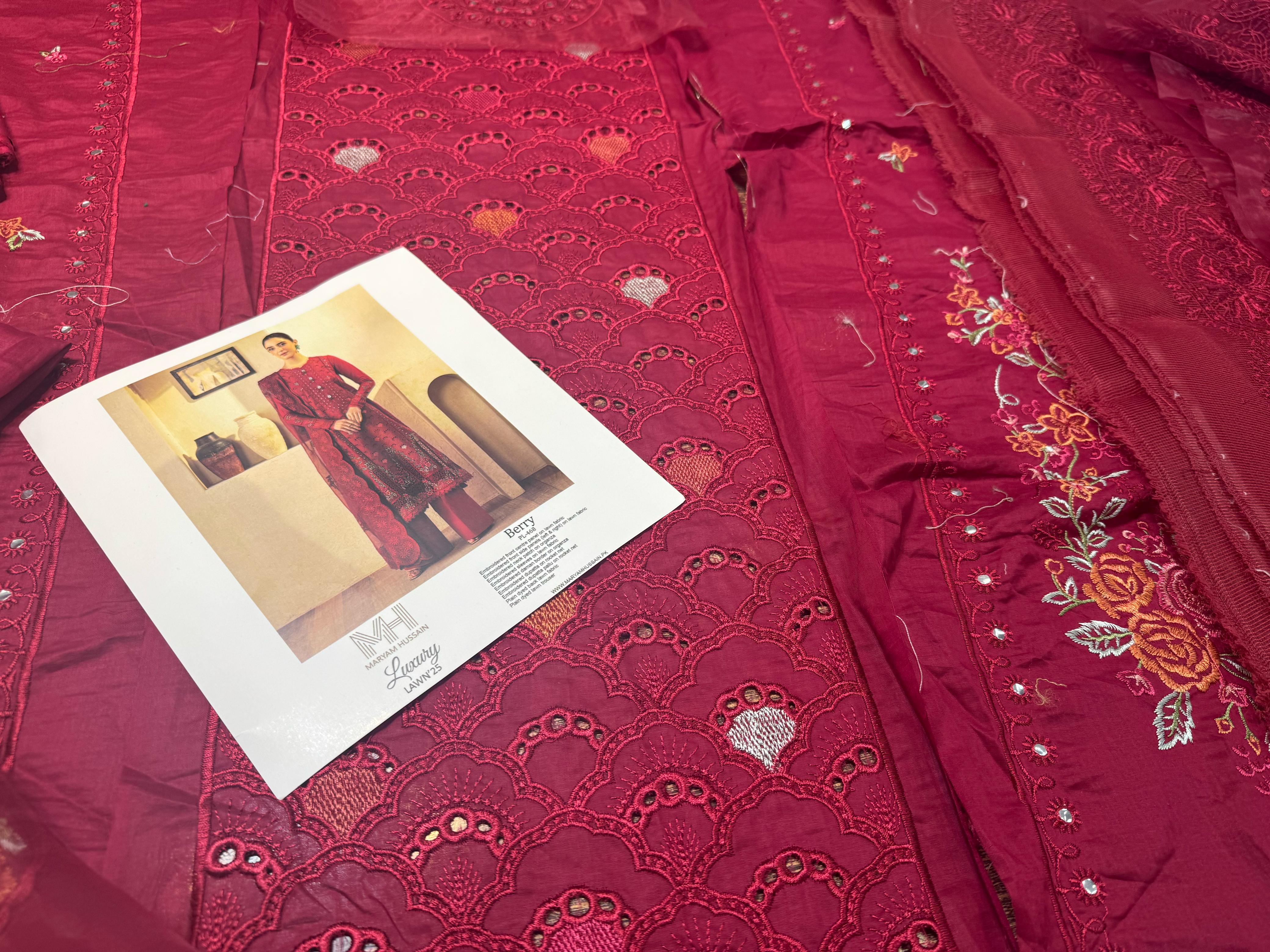 Maryam Hussain – Crimson Blossom | Luxury Lawn 2025 Collection