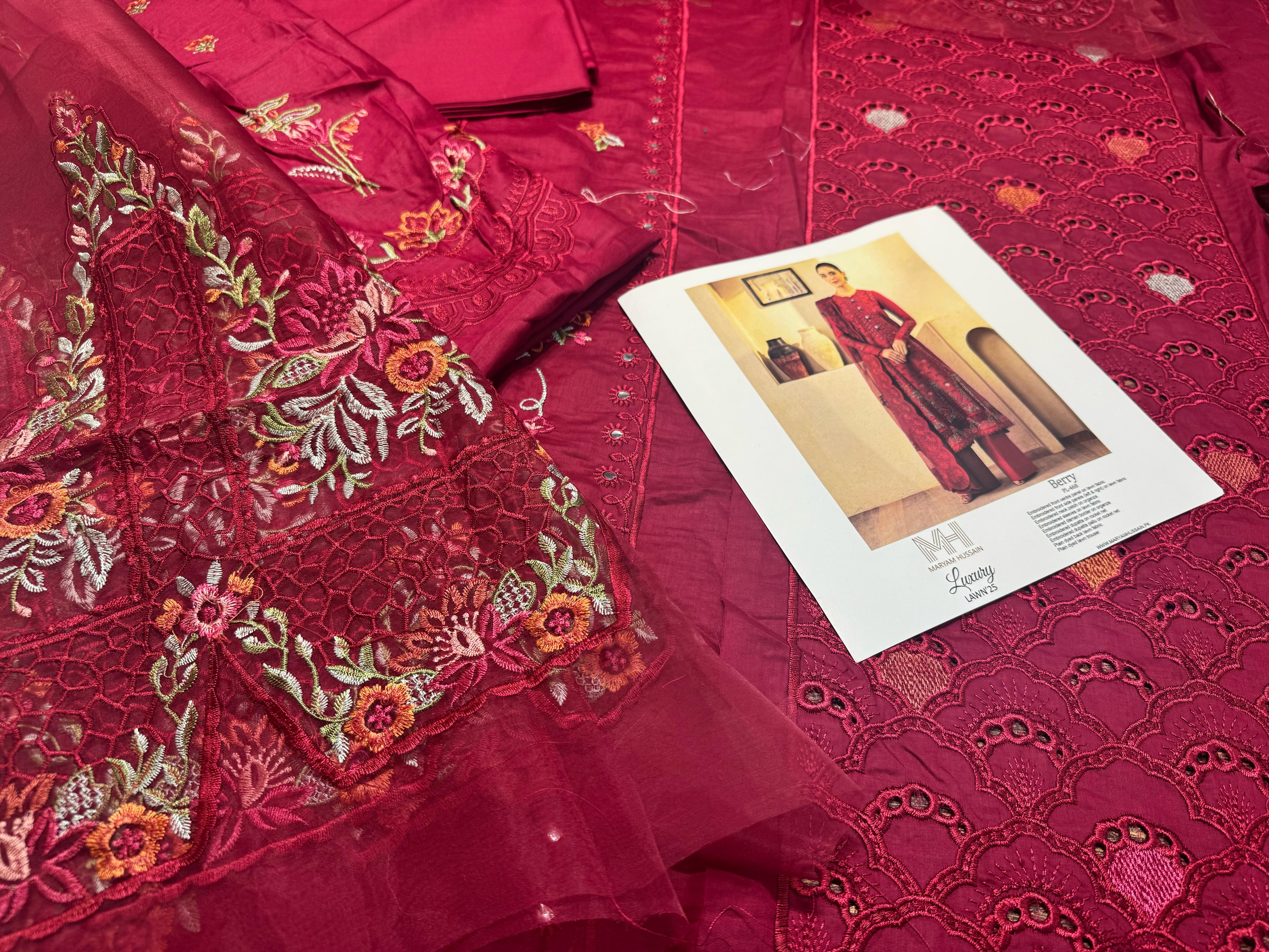 Maryam Hussain – Crimson Blossom | Luxury Lawn 2025 Collection