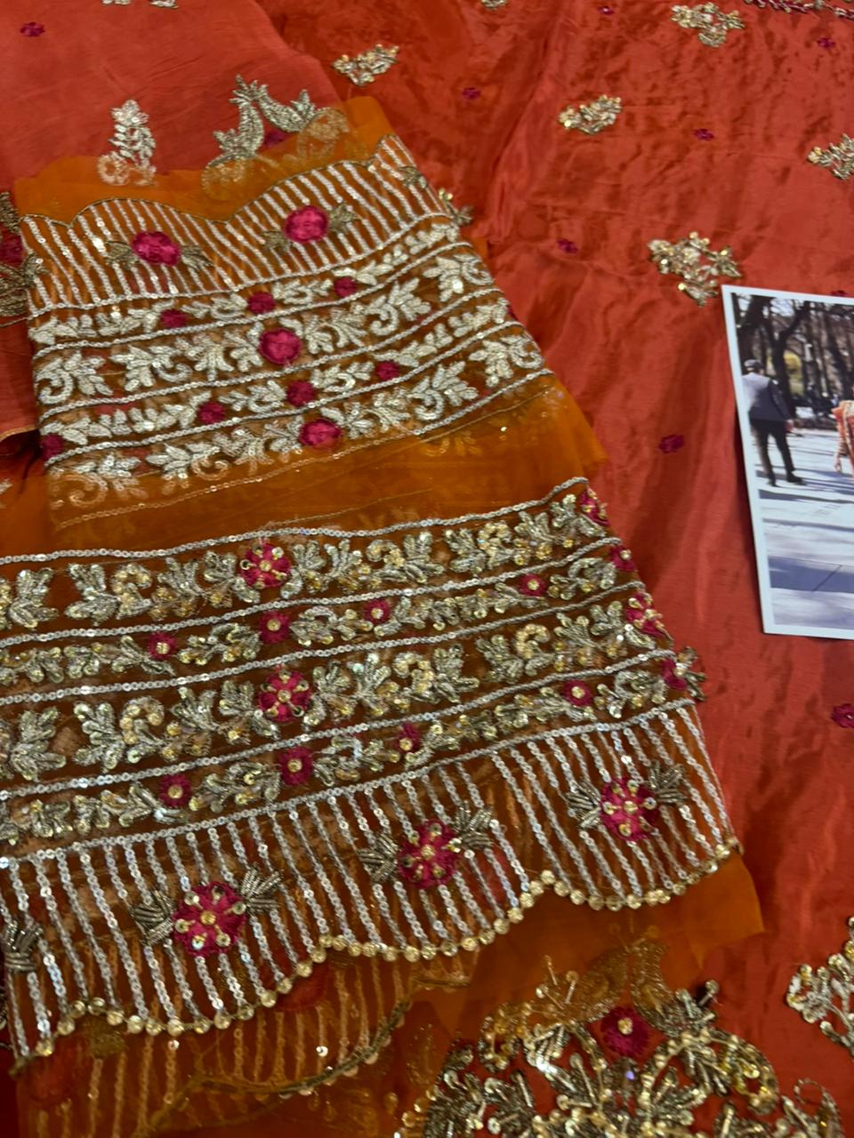 Haris Shakeel Orange Chiffon Wedding Edition | Hand Embellished Silk Suit