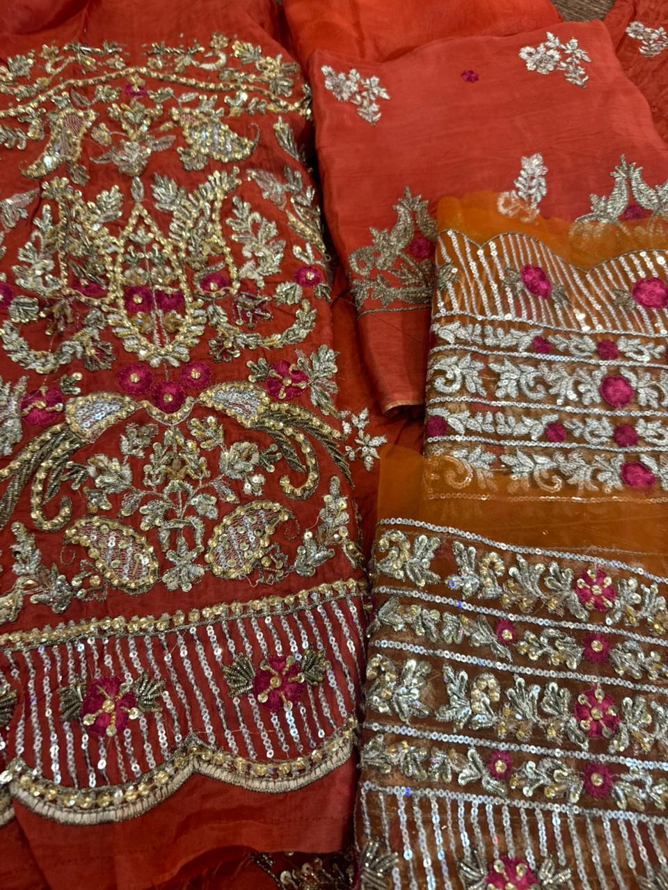 Haris Shakeel Orange Chiffon Wedding Edition | Hand Embellished Silk Suit
