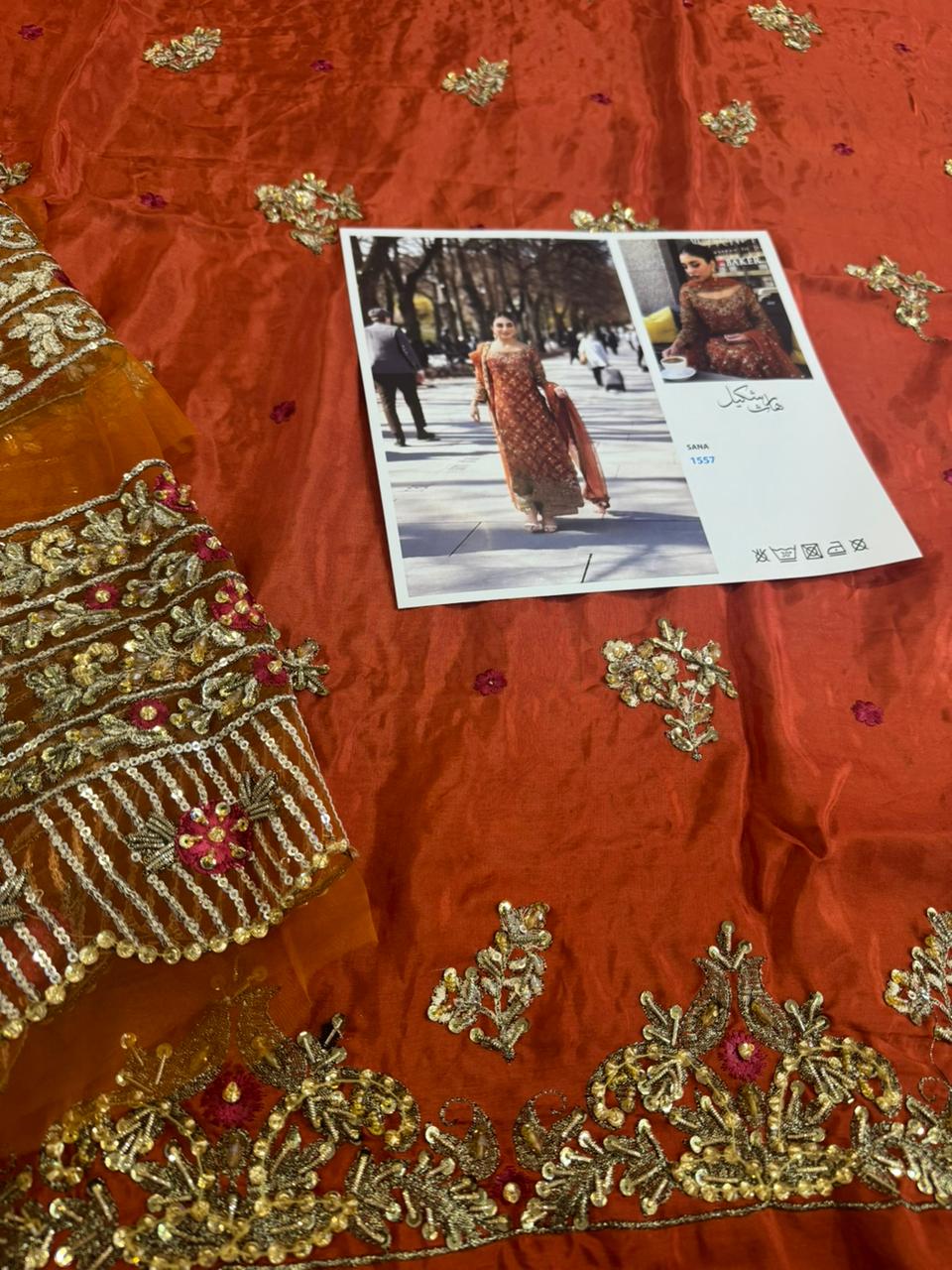 Haris Shakeel Orange Chiffon Wedding Edition | Hand Embellished Silk Suit