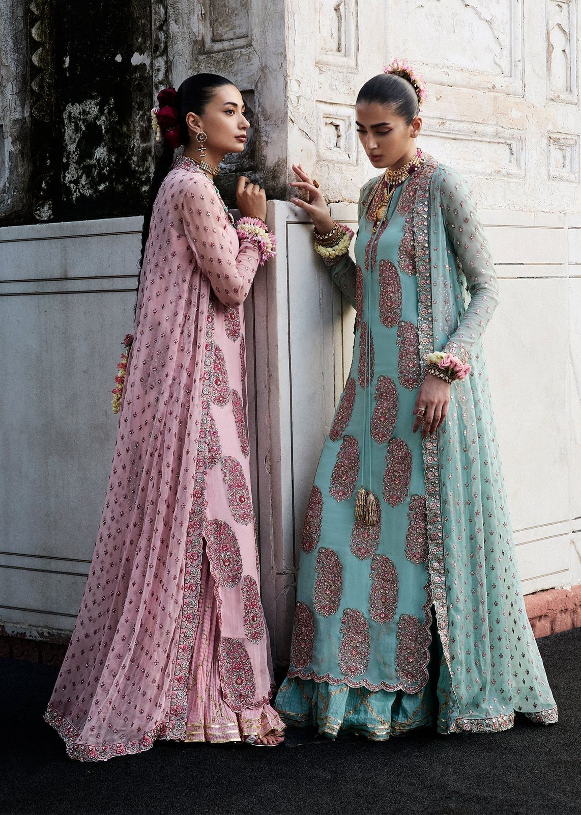 Hussain Rehar Wedding Edition – Aqua Chiffon Bridal Dress | Luxury Embroidered Peshwas Set