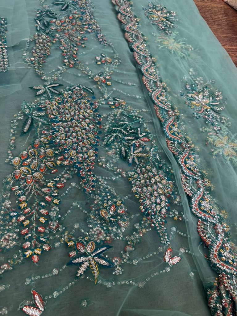 Hussain Rehar Ice Blue 16-Panel Net Pishwas | Luxury Festive Wedding Wear by Clothes Forum