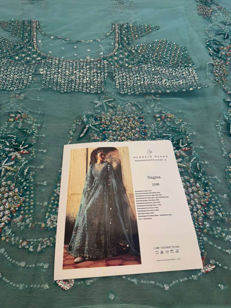 Hussain Rehar Ice Blue 16-Panel Net Pishwas | Luxury Festive Wedding Wear by Clothes Forum