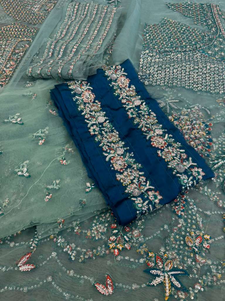 Hussain Rehar Ice Blue 16-Panel Net Pishwas | Luxury Festive Wedding Wear by Clothes Forum