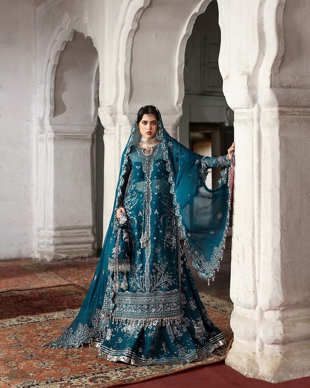 Hussain Rehar Teal Green Organza Ensemble | Festive Sharara Set by Clothes Forum