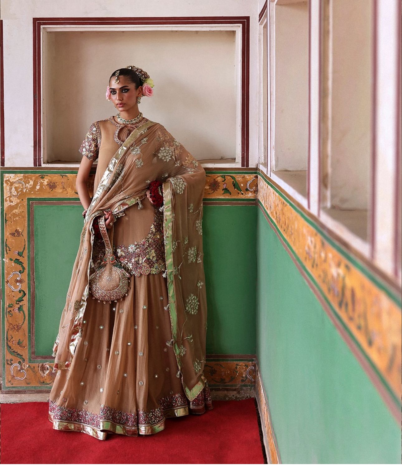 Hussain Rehar Gold Chiffon Edition | Chanderi Silk Sharara Set by Clothes Forum
