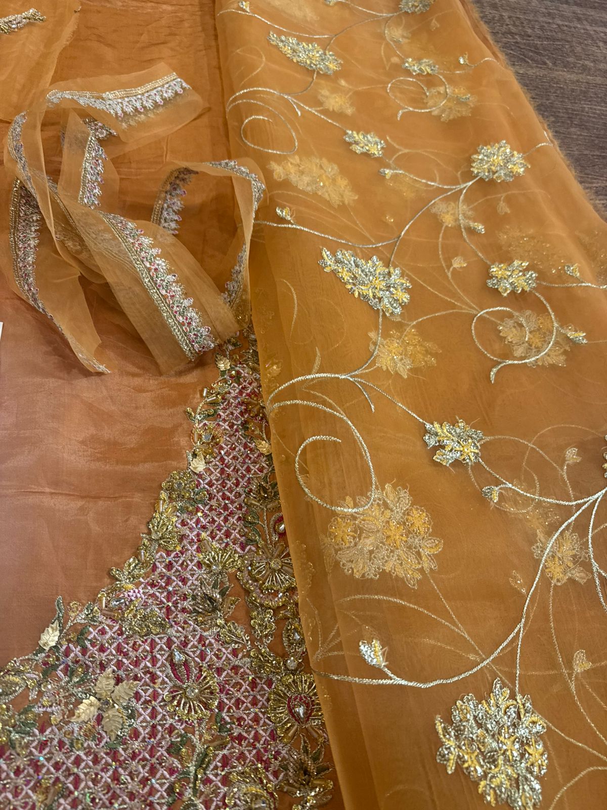 Hussain Rehar Gold Chiffon Edition | Chanderi Silk Sharara Set by Clothes Forum