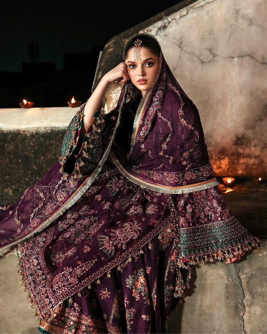 Hussain Rehar Plum Chiffon Wedding Dress | Embroidered Formal Ensemble