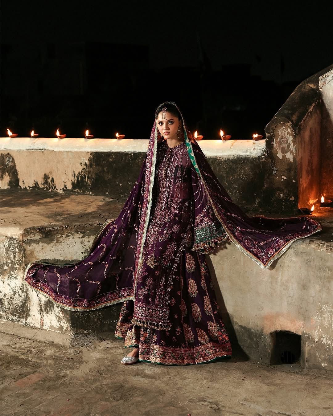 Hussain Rehar Plum Chiffon Wedding Dress | Embroidered Formal Ensemble