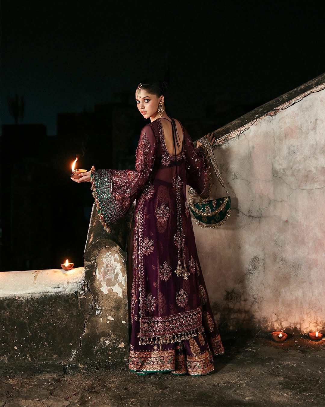 Hussain Rehar Plum Chiffon Wedding Dress | Embroidered Formal Ensemble