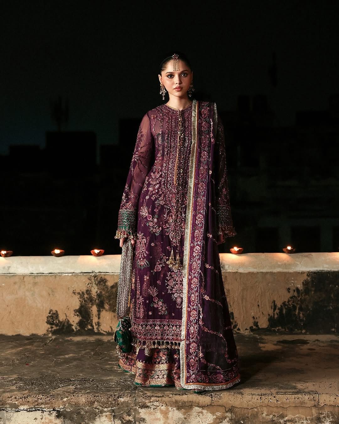 Hussain Rehar Plum Chiffon Wedding Dress | Embroidered Formal Ensemble