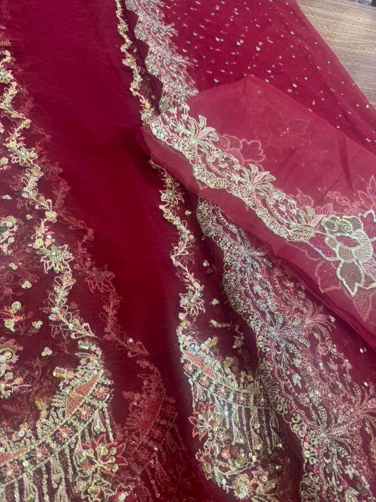Kanwal Malik Crimson Wedding Dress | Organza Lehenga & Dupatta Set