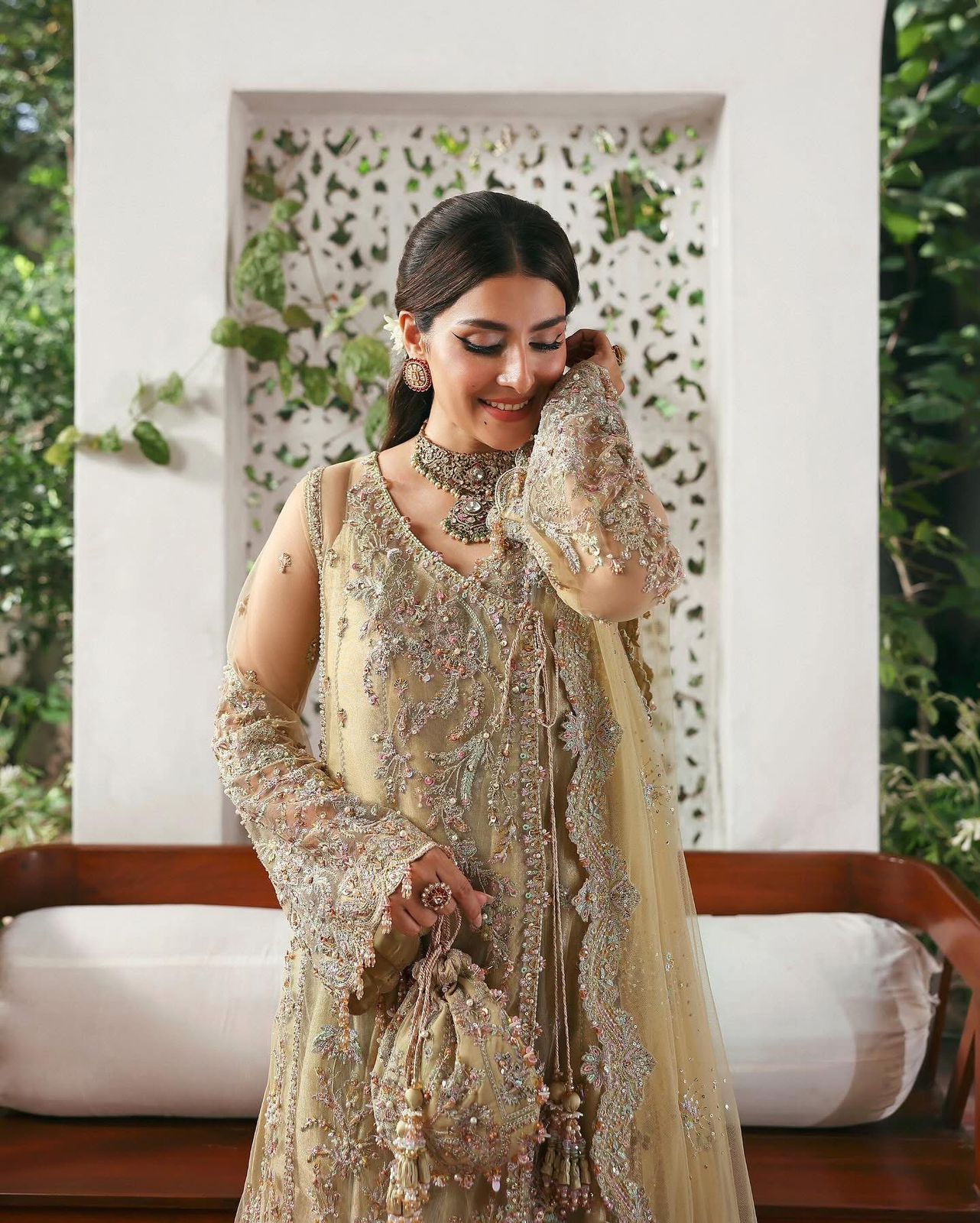 Kanwal Malik Champagne Bridal Chiffon Ensemble – Elegant Net & Tissue Gown