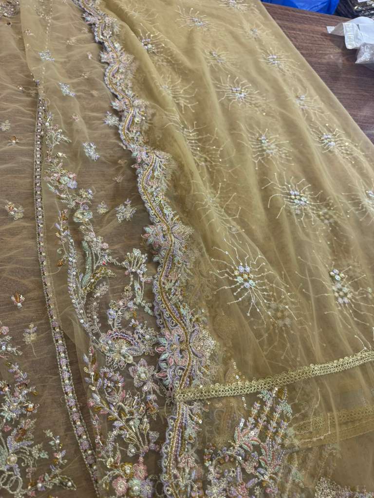 Kanwal Malik Champagne Bridal Chiffon Ensemble – Elegant Net & Tissue Gown