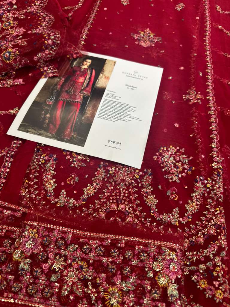 Hussain Rehar Cherry Red Chiffon Wedding Dress – Hand-Embroidered Luxury Outfit for Festive Elegance