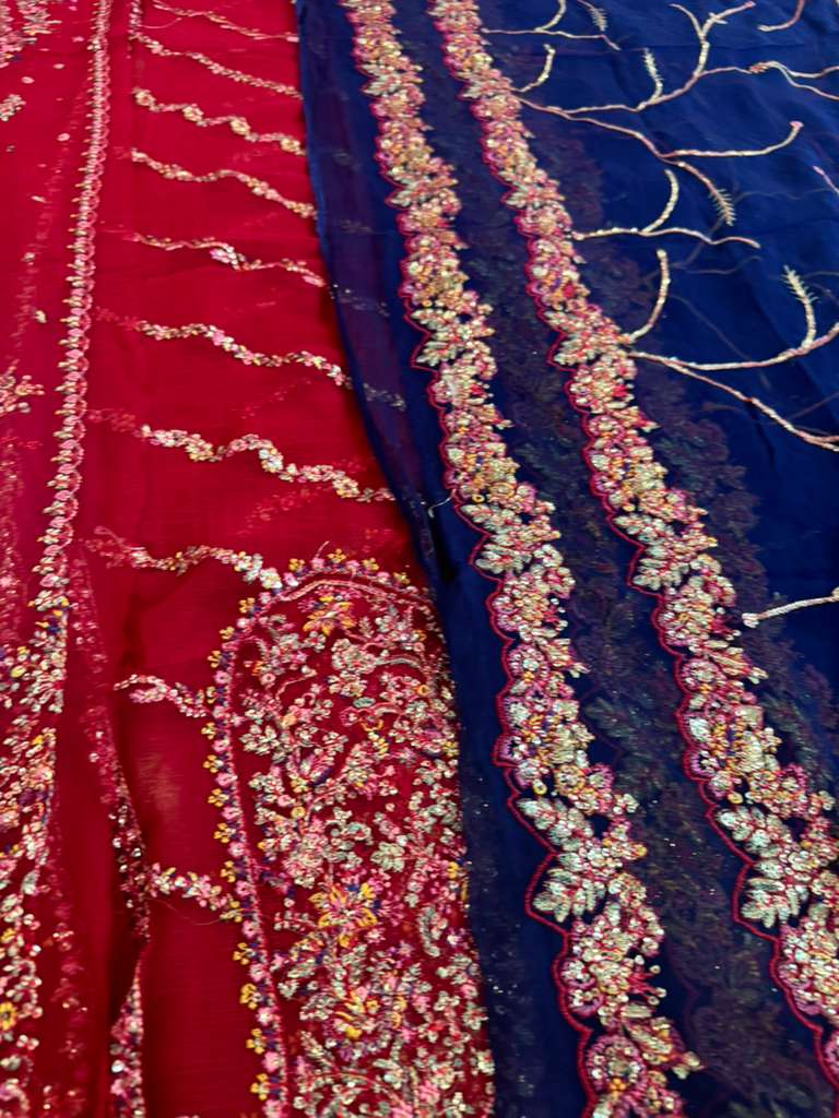 Hussain Rehar Cherry Red Chiffon Wedding Dress – Hand-Embroidered Luxury Outfit for Festive Elegance