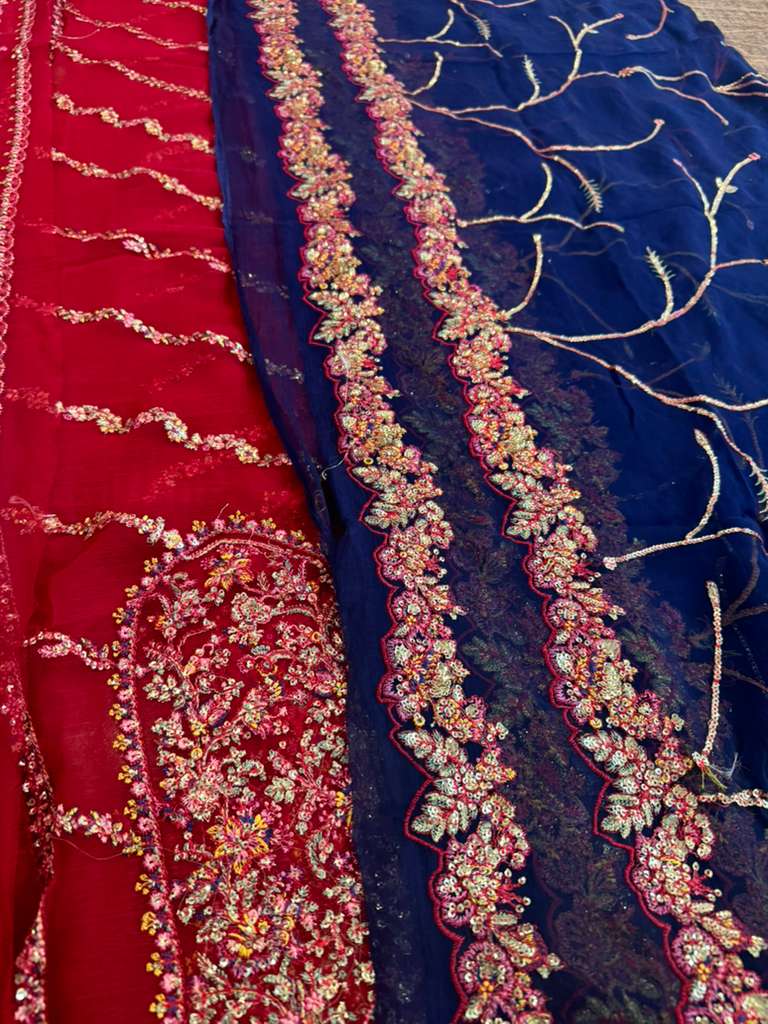 Hussain Rehar Cherry Red Chiffon Wedding Dress – Hand-Embroidered Luxury Outfit for Festive Elegance