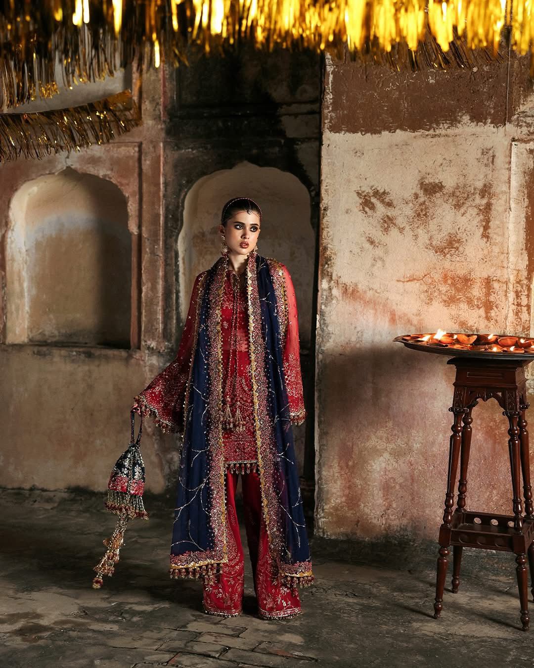 Hussain Rehar Cherry Red Chiffon Wedding Dress – Hand-Embroidered Luxury Outfit for Festive Elegance