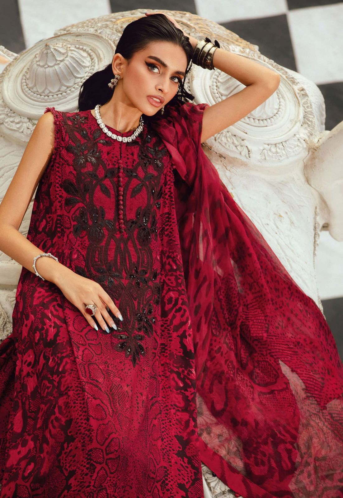 Maria B MPrint Winter Collection – Red & Black Chiffon 3 Piece Suit