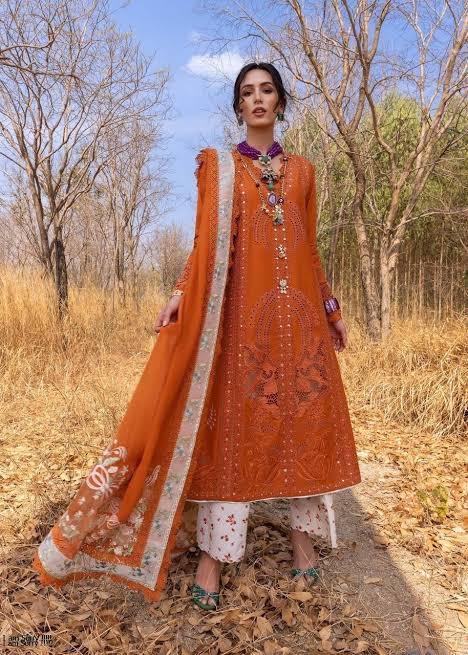 Saira Shakira Luxury Lawn 2025 | Festive Tangerine Elegance with Silk Dupatta