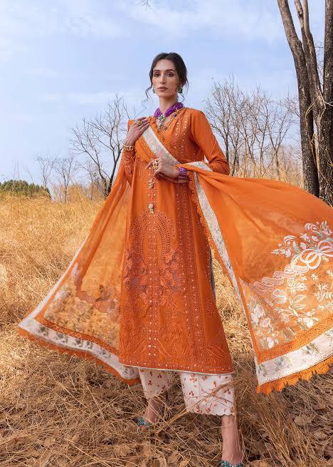 Saira Shakira Luxury Lawn 2025 | Festive Tangerine Elegance with Silk Dupatta