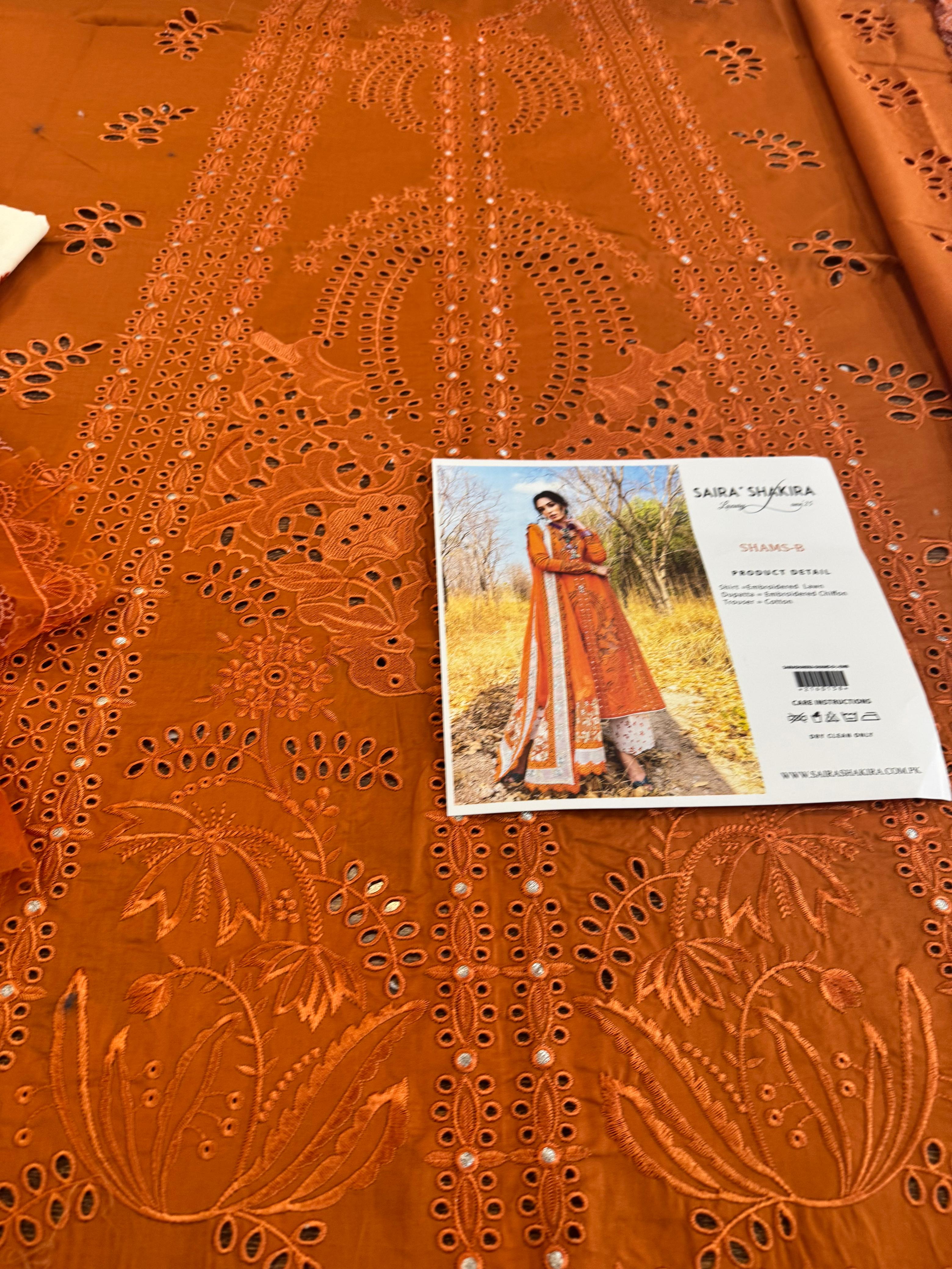 Saira Shakira Luxury Lawn 2025 | Festive Tangerine Elegance with Silk Dupatta