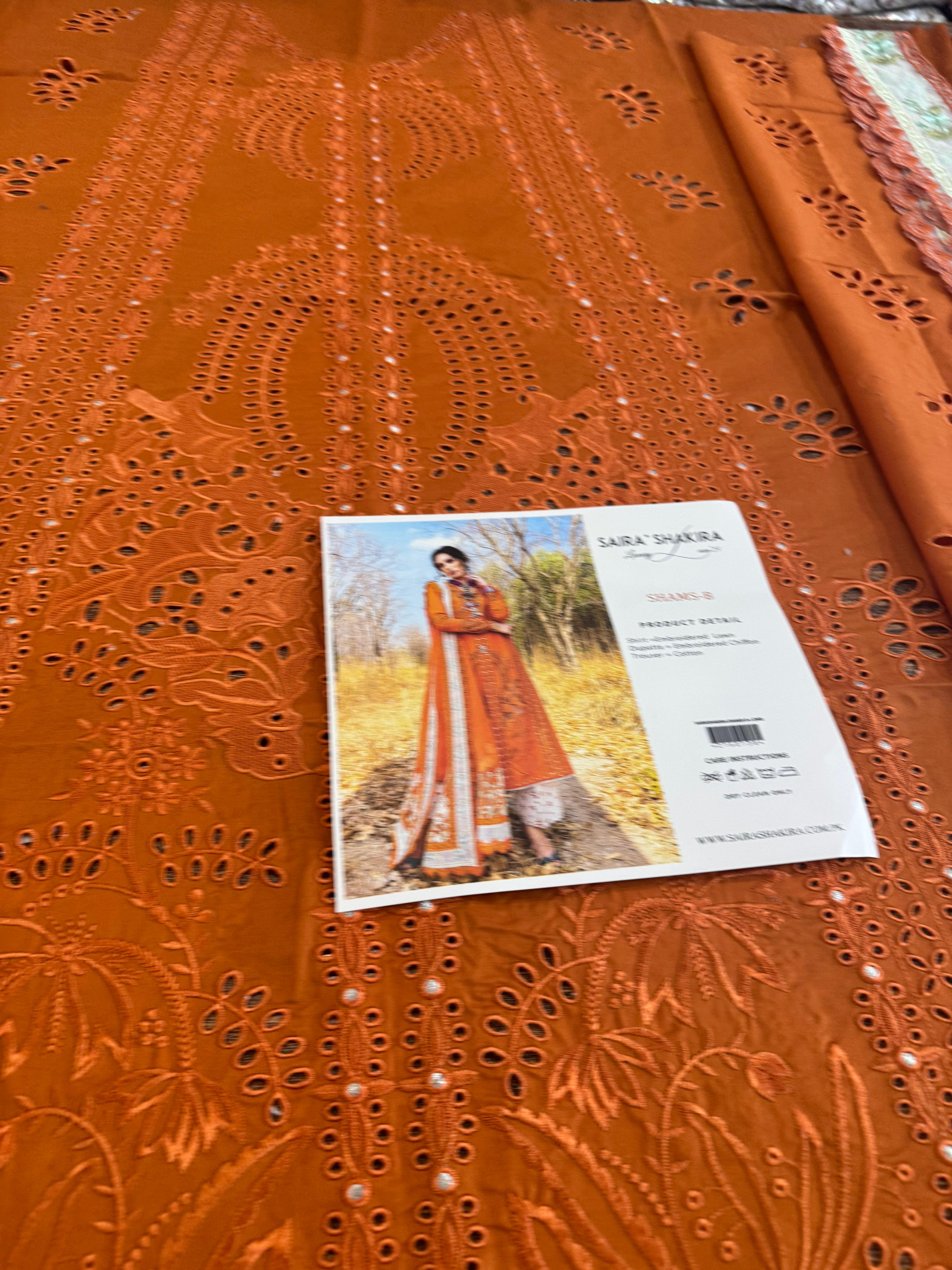 Saira Shakira Luxury Lawn 2025 | Festive Tangerine Elegance with Silk Dupatta