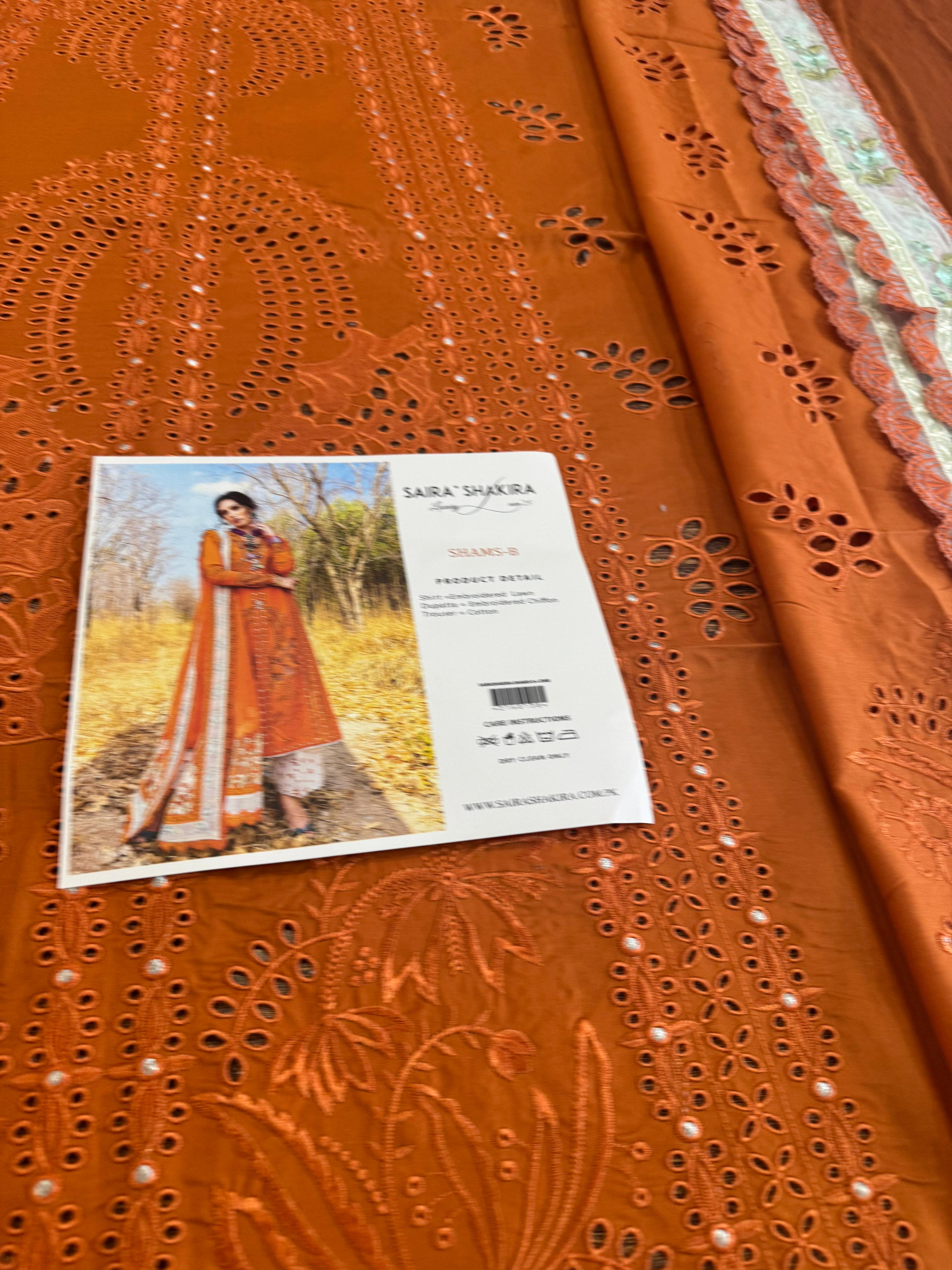 Saira Shakira Luxury Lawn 2025 | Festive Tangerine Elegance with Silk Dupatta