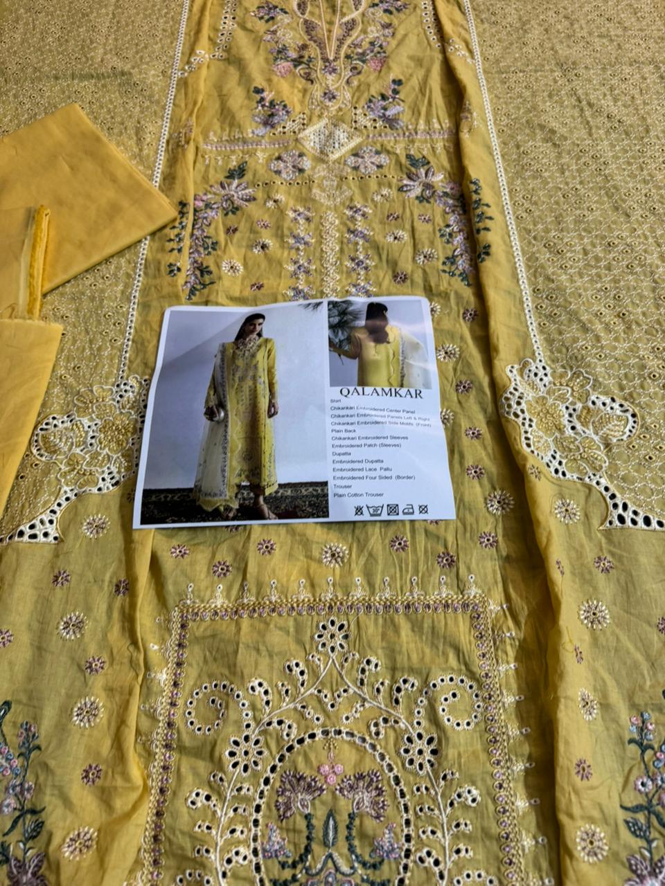 Qalamkar Luxury Lawn – Qlinekari Bari Eid Edition | Golden Bloom in Pastel Elegance