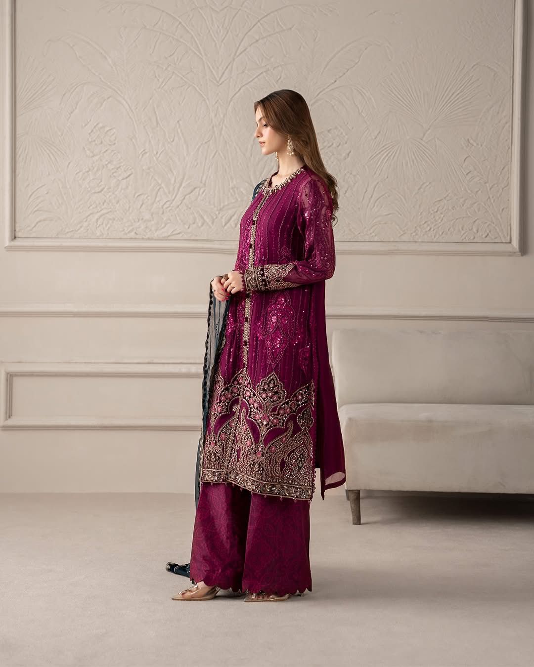Maria B Wedding Edition – Shocking Pink Chiffon Bridal Dress | Luxury Embroidered 3-Piece Outfit