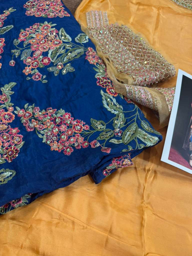 Hussain Rehar Peach & Blue Raw Silk Ensemble – Hand Embellished Luxury Wedding Edition