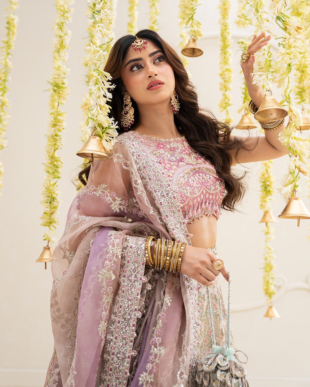 Faiza Saqlain Suzan | Blush Pink Tissue & Net Lehnga