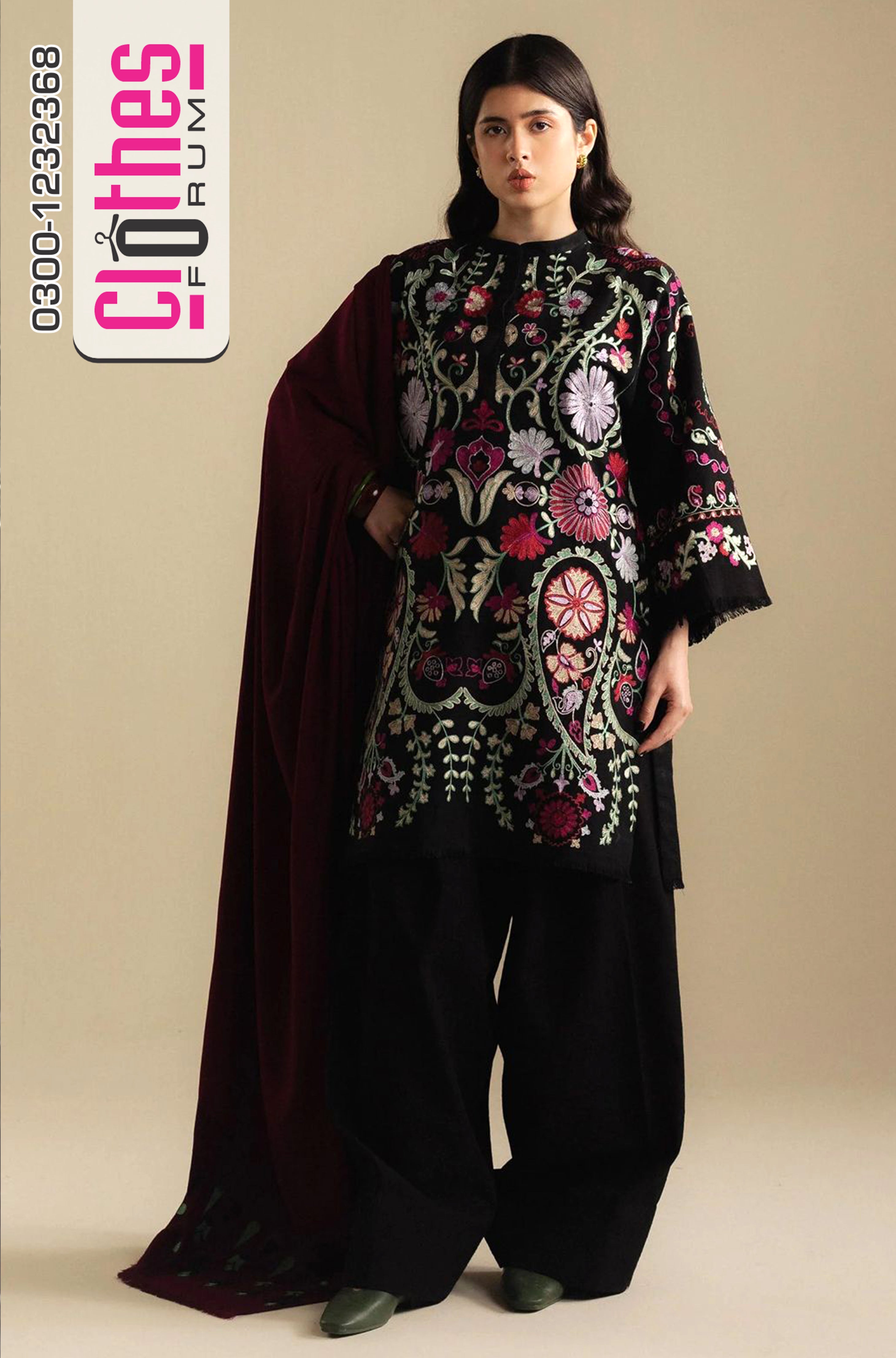 COCO by Zara Shahjahan Breeze-7B – Black Khaddar Winter Suit with Maroon Shawl