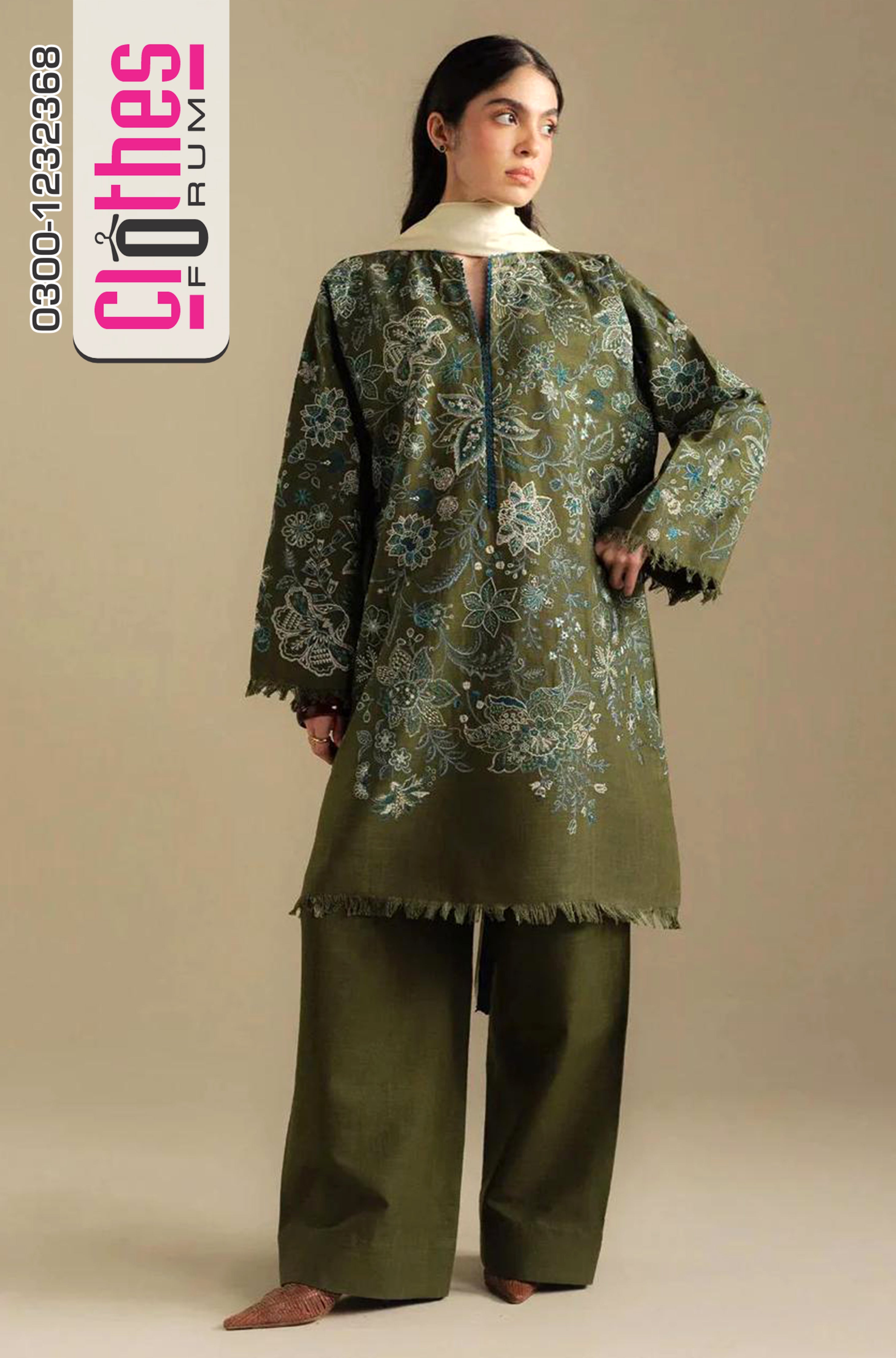 Coco by Zara Shahjahan – Olive Khaddar Suit with Embroidered Panels & Printed Winter Shawl