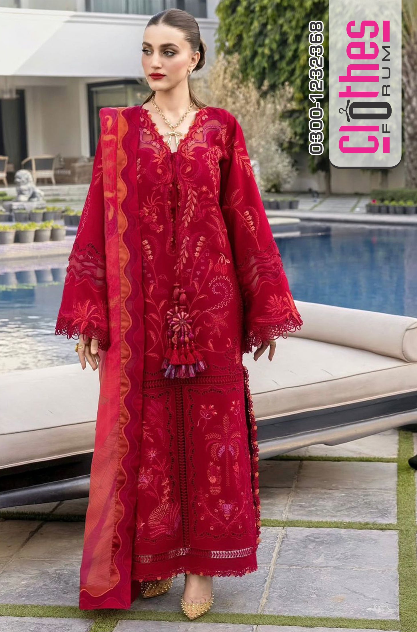 Crimson | Petal Red Flow Embroidered Luxury Lawn & Silk
