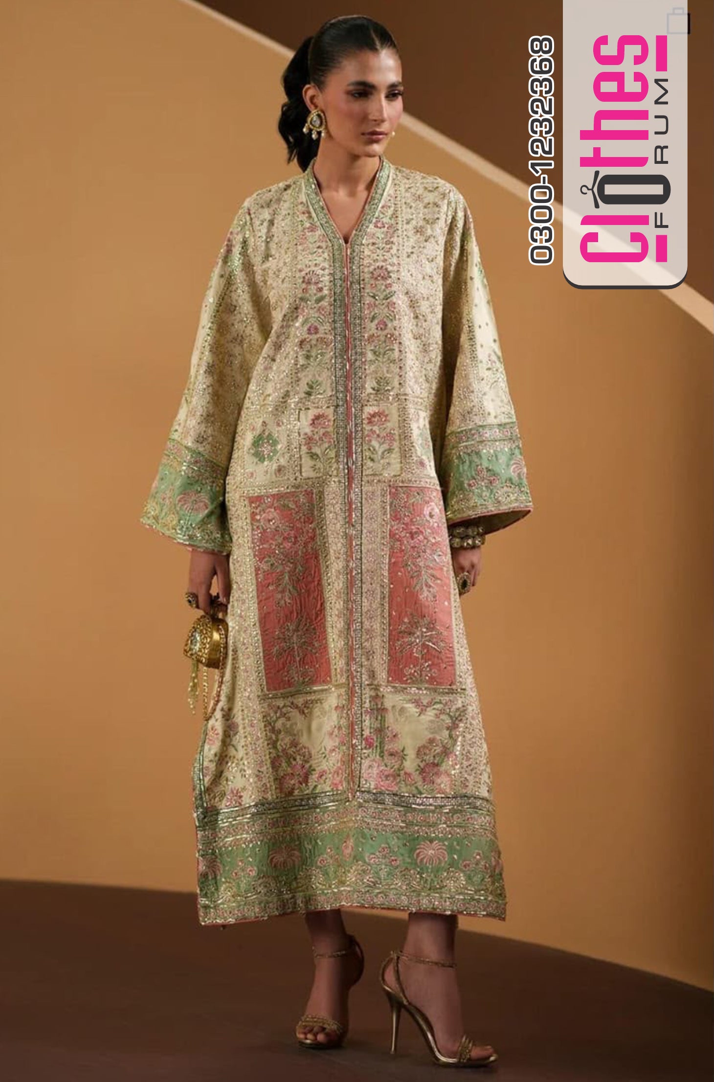 Ethnic Antique White Pastel Embroidered Luxury Kaftan Set